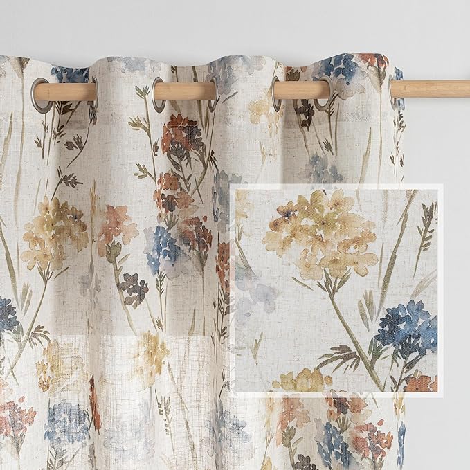 MYSKY HOME Floor to Ceiling Linen Floral Curtains 95 Inch Length 2 Panels Set Semi Sheer Light Filtering Farmhouse Flower Print Patterned Window Grommet Curtains for Living/Dining Room, Yellow, 2 Pcs