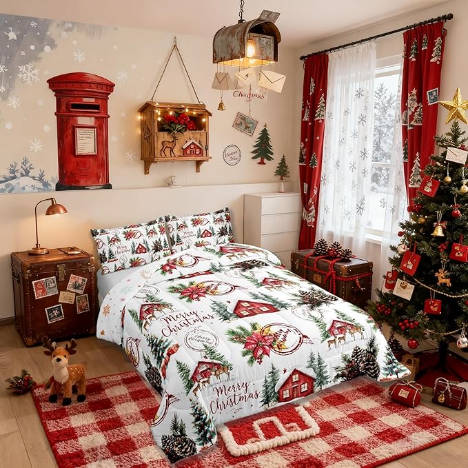 Merry Christmas Kids Comforter Set Twin Size,Poinsettia Winter Xmas Pine Tree Bedding Set Room Decor,Snowflake Rustic Farmhouse Quilt Comforter,Red Green White Duvet Set Bedroom Quilt Set,1 Pillowcase
