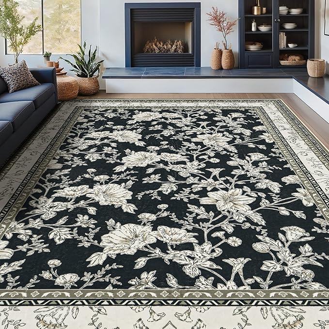 Extra Large Black Area Rug for Living Room 10x14, Floral Dining Room Rugs for Under Table, Washable Soft Non Slip Low Pile Carpet for Large Bedroom Black with Beige Cream Taupe Floral Design 10 x 14