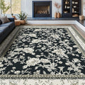 Extra Large Black Area Rug for Living Room 10x14, Floral Dining Room Rugs for Under Table, Washable Soft Non Slip Low Pile Carpet for Large Bedroom Black with Beige Cream Taupe Floral Design 10 x 14
