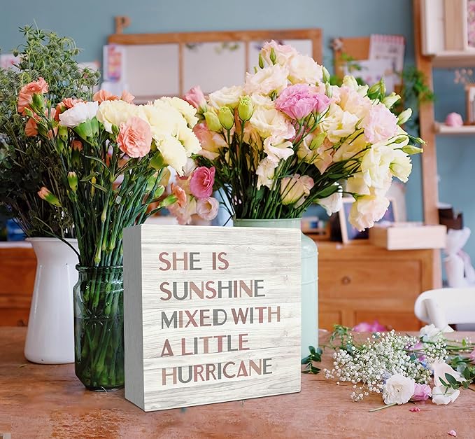 SRADMO She Is Sunshine Mixed with a Little Hurricane Boho Wood Box Sign Desk Decor 8x8, Baby Girls Inspirational Quotes Wooden Block Box Sign Decoration For Girls Room Nursery Playroom Table Decor