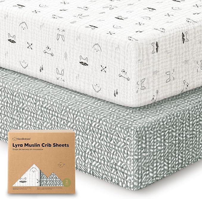 KeaBabies 2-Pack Muslin Crib Sheets for Boys, Girls - 100% Organic Cotton Fitted Baby Crib Mattress Sheet, Soft Breathable Standard Toddler Bed Cover Bedding Set, Neutral, Durable 52x28 (Nordic)