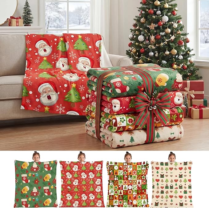Buryeah 4 Pack Christmas Throw Blankets Bulk Snowmen, Hearts, Santa, Snowflakes, Xmas Tree Soft Cozy Christmas Plush Flannel Blanket for Sofa, Bed, Couch, Home Decor Xmas Supplies, 40 x 50 Inches