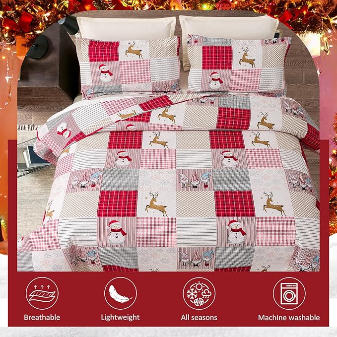 Jessy Home Christmas Bedding Set King Christmas Quilt Bedspread Pink Gnome Santa Claus Plaid Patchwork Xmas Quilt Bedding Decor Winter Snowman Elk Lightweight Reversible Bedspread Coverlet
