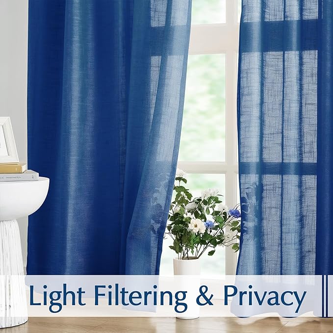 FMFUNCTEX Linen Semi Sheer Curtains for Bedroom, Navy Blue Curtains 96 Inches Long for Living Room, Country Farmhouse Sheer Drapes, Light Filtering Window Curtain, Grommet Top 2 Panels