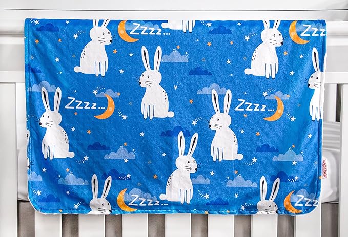 Top Tots Deluxe Minky Baby Blanket - Nighttime Bunnies, 40 x 29 Inch White