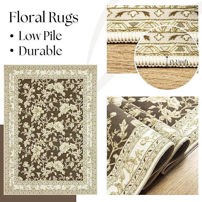 Brown Floral Print Area Rugs for Bedroom Living Room Boho Farmhouse Country Rustic Dining Room Carpet Soft Washable Rugs Non Slip Floor Covering for Nursery Playroom 6x9