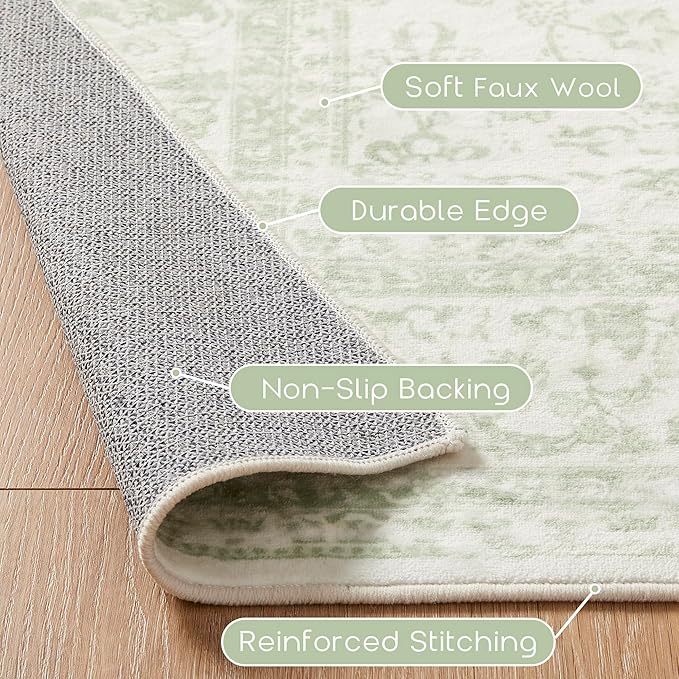 Sage Green Washable Bathroom Hallway Runner Rug Non Slip Vintage Boho Floral Long Runners Rugs for Entryway Indoor Laundry Room Bath Floor Kitchen,2x6