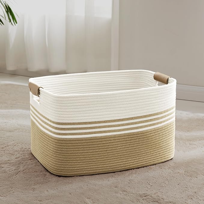60L Large Laundry Basket with Leather Handles for Living Room Storage, Woven Rope BasketsBin for Blanket, Kids Toy, Gifts, Wicker Hamper for Bedroom Dirty Clothes, 21"x15"x11" Khaki