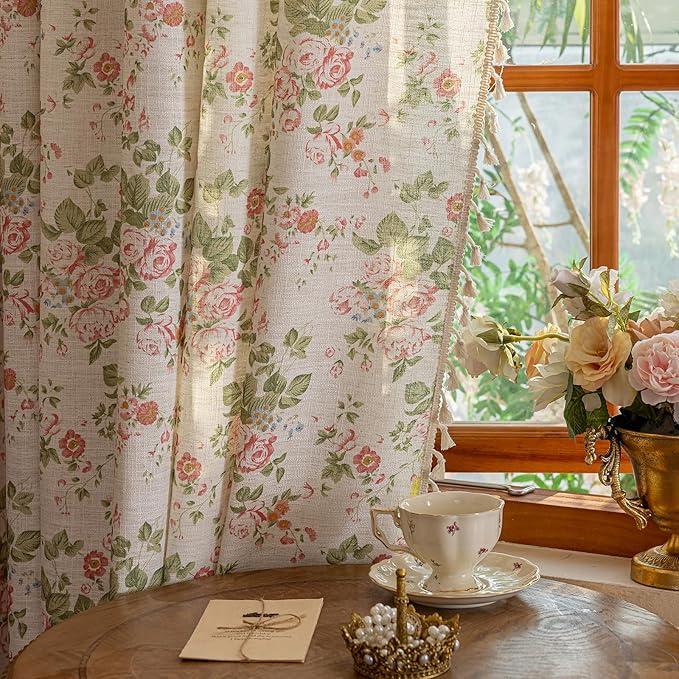 ENJOYBRIDAL Pink Floral 63 Inch Curtains 2 Panel Set Bedroom Semi Sheer Drapes Short Living Room Farmhouse Window Curtain Panels Boho Dining Room Decor Rod Pocket Tassel Window Treatments