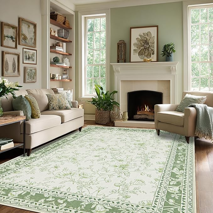 Floral Area Rug for Bedroom 5x8 Sage Green and Cream Beige Vintage Boho Floral Sketch Style, Washable Low Pile Non Slip Area Rugs for Nursery Living Dining Room, Cozy Aesthetic Home Decor