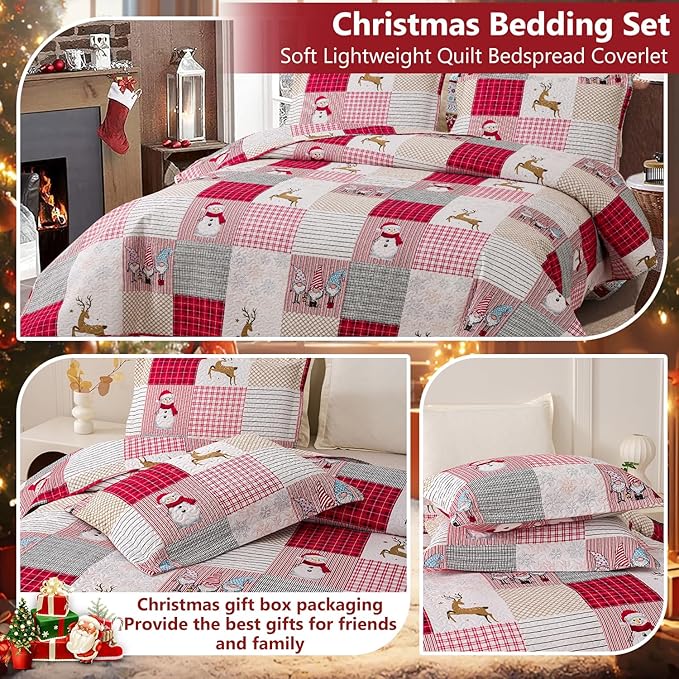 Jessy Home Christmas Bedding Set Twin Christmas Quilt Bedspread,Pink Gnome Santa Claus Plaid Patchwork Xmas Quilt Bedding Decor Winter Snowman Elk Lightweight Reversible Bedspread Coverlet