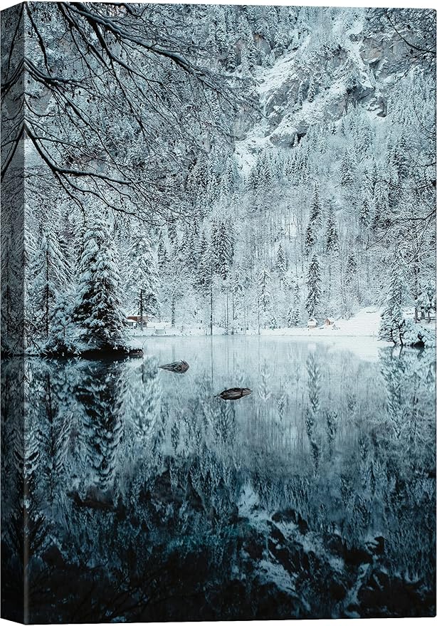 SIGNWIN Canvas Wall Art Woodland Nursery Decor Magical Winter Reflection Lake Nature Forest Photography Realism Rustic Scenic Dramatic Multicolor Cool for Living Room - 24"x36" inches