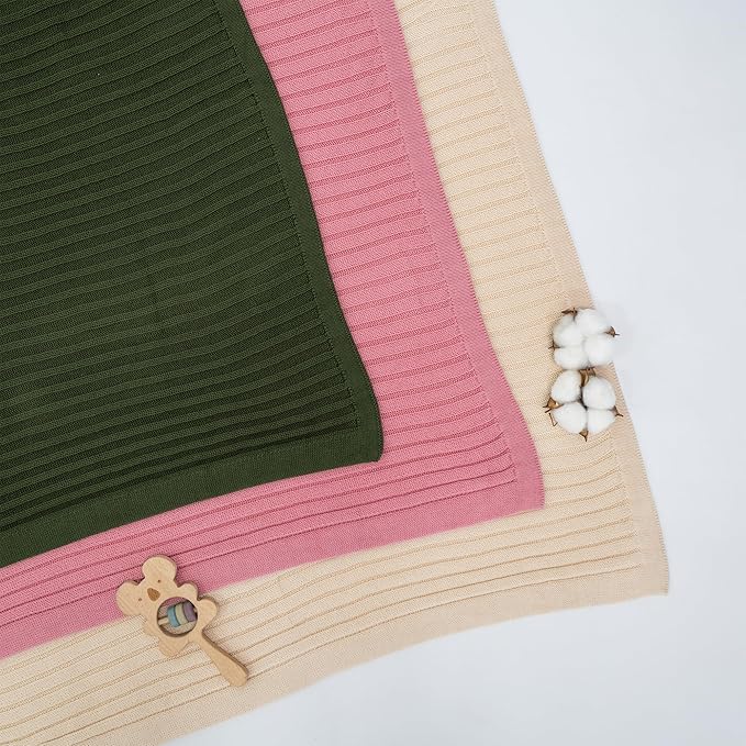 Baby Knit Blanket, 100% Cotton Ribble Patterns, Soft, Cozy, Lightweight Swaddle for Newborn & Infant Swaddling Beige Neutral, Perfect Baby Shower Ideas Cream 28x36