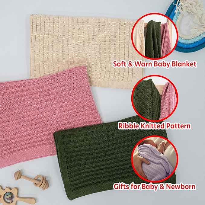 Baby Knit Blanket, 100% Cotton Ribble Patterns, Soft, Cozy, Lightweight Swaddle for Newborn & Infant Swaddling Beige Neutral, Perfect Baby Shower Ideas Lilac 28x36