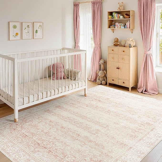 Nursery Rug for Baby Girl,Neutral Blush Pink Boho Cute Floral Foldable Machine Washable Soft Faux Wool Carpet Area Rugs for Living Room Bedroom Dorm Kids Playroom,5x7