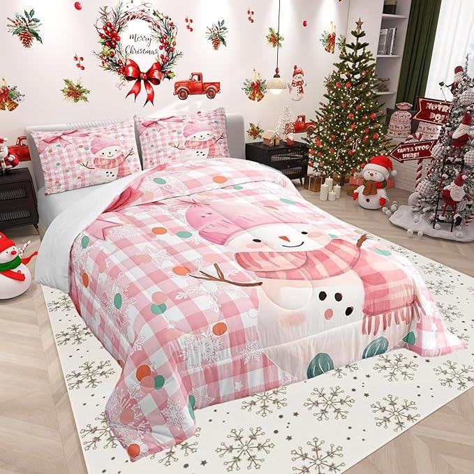 Castle Fairy Cute Cartoon Snowman Comforter Set,Pink Bow Girly Style Bedding Set Kids Teens Modern Decor,Pink White Geometric Grid Dots Comforter with 1 Pillowcase for All Seasons,Twin