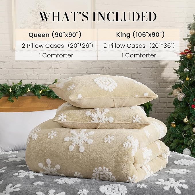 Amélie Home Christmas Comforter Set King, Beige Snowflake Comforter Set, Super Soft Fluffy Fleece Bedding Set for Winter, 3 Pieces, 1 Cozy Comforter and 2 Pillowcases