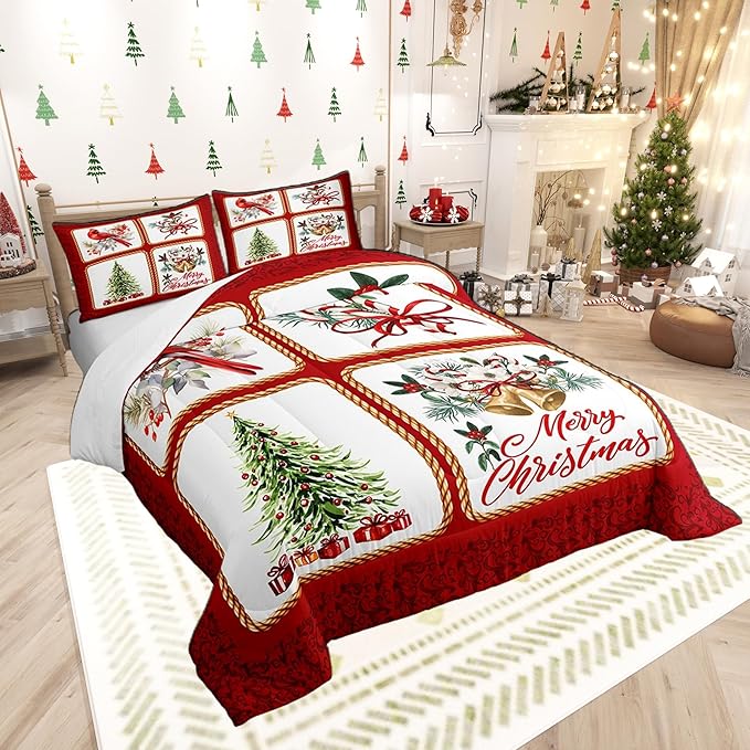 Christmas Plaid Comforter Set Twin Size,Berries Cardinals Xmas Pine Print Bedding Set for Kids Boys Men,Floral Bells Red Lace Patchwork Quilted Duvet Set with 1 Pillowcase