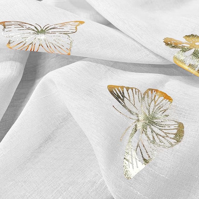 Jubilantex Butterfly White Sheer Curtain Panels for Kids Nursery Girl, Gold Print Toddler Linen Textured Voile Rustic Rod Pocket Drapes 84 Inch for Farmhouse, Living Room, Bedroom, 2 Panels