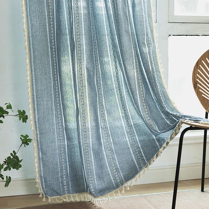 Deeprove Blue Boho Curtains 84 Inches Long for Bedroom Living Room Kitchen, Bohemian Chic Textured Embroidery, Vintage Handmade Tassels Farmhouse Decor Drapery, Rod Pocket, 1 Panel W52 x L84