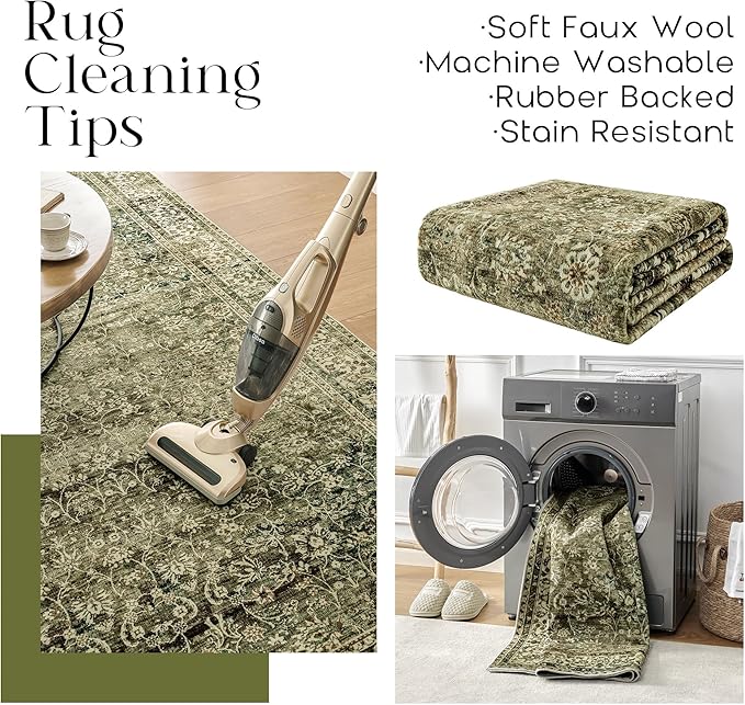 Olive and Tan Rug for Bedroom Neutral Boho Farmhouse Floral Washable Soft Faux Wool No Slip Area Rugs for Living Room Home Office,5x8