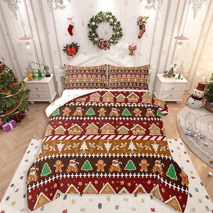Feelyou Merry Christmas Comforter Set Toddler Size Greenland Home Bedding Set for Kids Boys Girls Xmas Tree Duvet Quilt Striped Bedroom Decor Microfiber 2 Pcs with 1 Pillow Cases