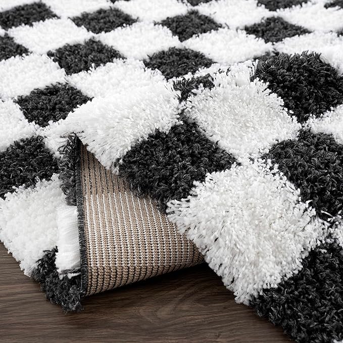 BoutiqueRugs Atira Black and White Checkered Shag Runner Rug - Modern Checkered Shag - High Pile Fluffy Shaggy Carpet for Hallway, Kids Room - White, Black - 2'7" x 7'3" (2x8)