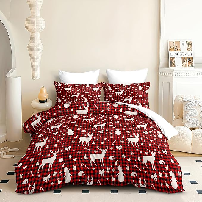 Christmas Duvet Cover Queen Size Red Gingham Christmas Bedding Set 3 Pcs Kids Boys Girls Xmas Black Plaid Bow Pattern Comforter Cover with Zipper Closure