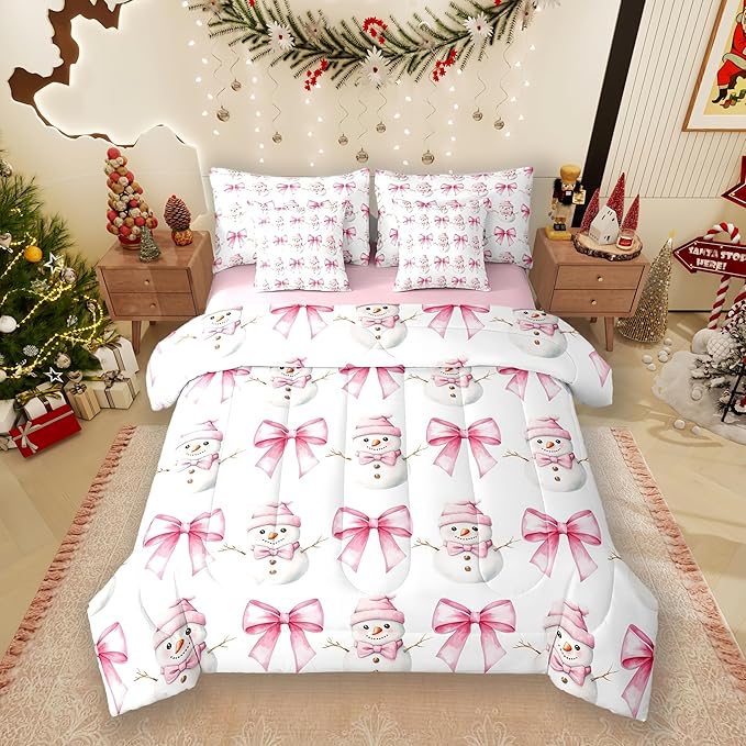 7 Pieces Cartoon Snowman Kids Comforter Queen,Pink Bowknot Bow Tie Princess Toddler Bedding Set,Merry Christmas Xmas Bow New Year（Comforter+Fitted+Flat Sheet+2 Pillowcases+2 Throw Pillow Covers）