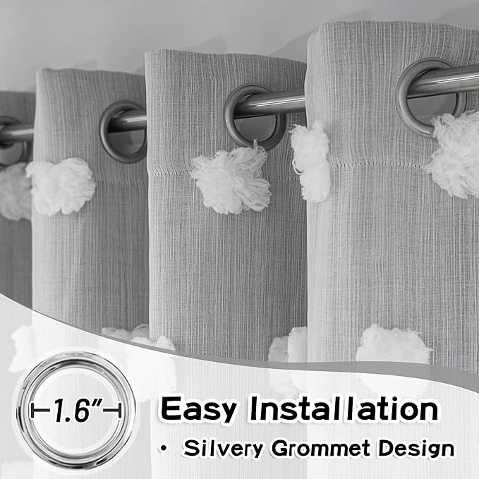 MYSKY HOME Living Room Curtains, 84 Inch Long Grey Blackout Curtains with Pom Pom Trim, Double Layer Sheer Drapes for Kids Room, W52 x L84