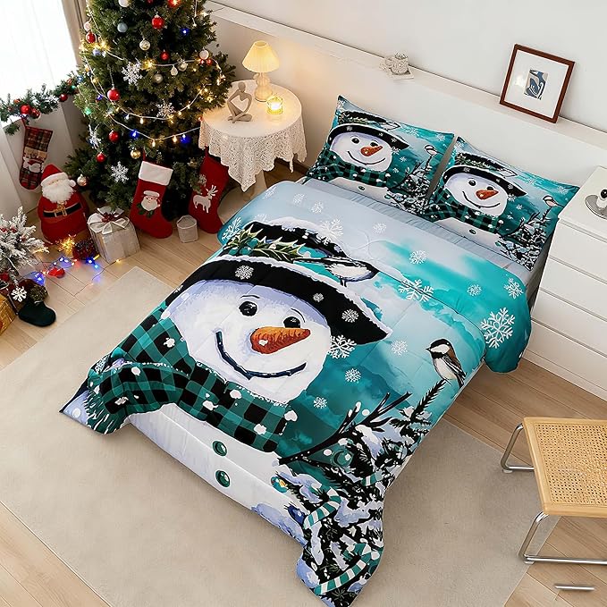 Feelyou Kids Christmas Theme Decorations Bedding Set Xmas Snowman Comforter Set for Boys Girls Watercolor Teal Bedroom Collection Twin Size