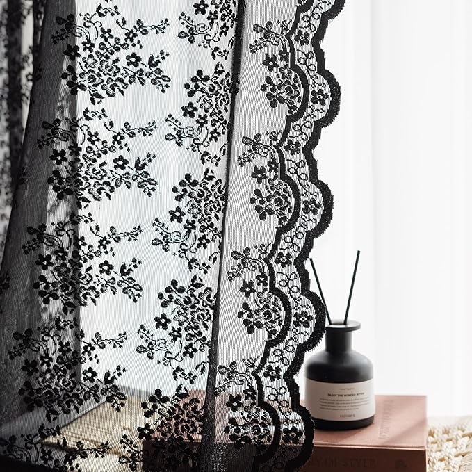 Anmao Vintage Lace Curtains 45 Inches Long 2 Panels Set, Romantic Elegant Light Filtering Semi Sheer Floral Thick Lacy Curtain Drapes for Living Room and Bedroom, Each Panel 55W x 45L, Black