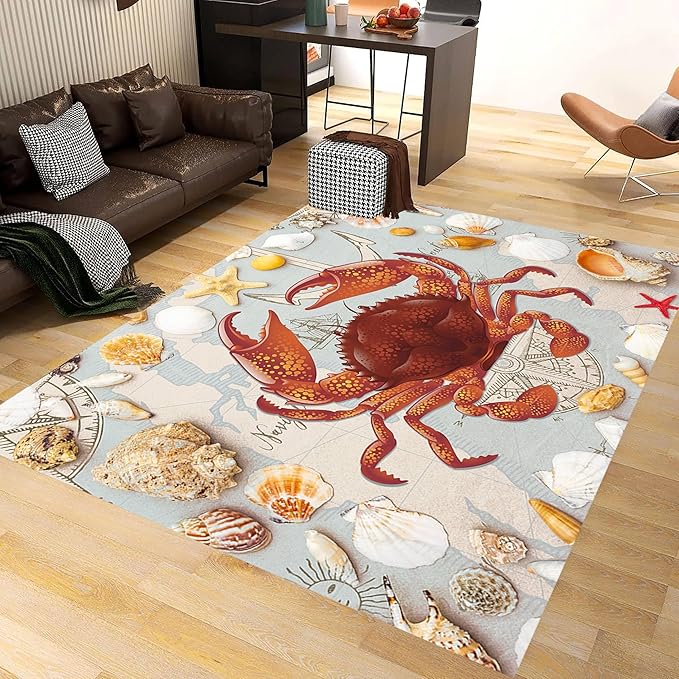 Nautical Theme Area Carpets, 5x8ft, Ocean Crab Shell Floor Rugs, Vintage Compass Anchor Printed Carpets, Machine Washable Foldable Easy-Clean Mats for Dining Room Runners