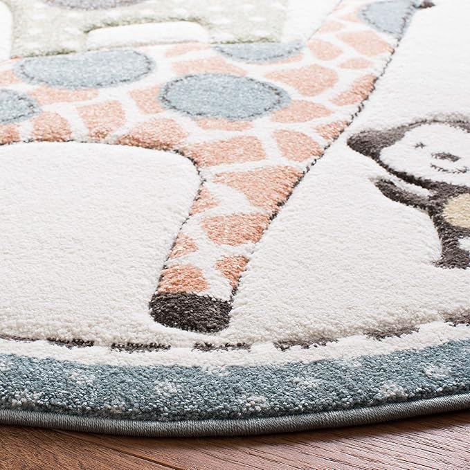 SAFAVIEH Carousel Kids Collection Area Rug - 4' Round, Ivory, Animal Design, Non-Shedding & Easy Care, Ideal for High Traffic Areas for Boys & Girls in Playroom, Nursery, Bedroom (CRK120A)