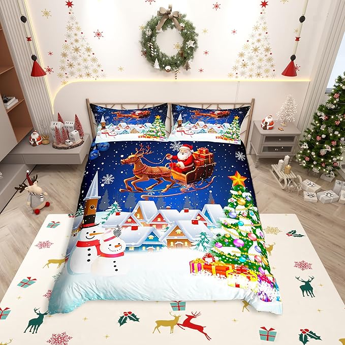 Manfei Christmas Duvet Cover Set Queen Size, Snowman Xmas Tree Santa Claus Bedding Set 3pcs, Reversible Winter Snow Cabin Holiday New Year Quilt Cover with Zipper Closure, 2 Pillowcases, No Comforter