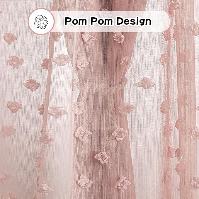 MYSKY HOME Pink Curtains for Bedroom 90 Inches Long Living Room Curtain with Pink Pom Pom Sheer for Dining Room Grommet Double Layer Nursery Curtain Drapes Room Darkening Window Panels 52 Wide