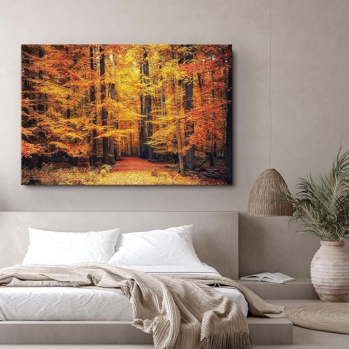 SIGNWIN Canvas Print Wall Art Golden Red Autumn Tree Leaf Forest Trail Nature Wilderness Photography Rustic Landscape for Living Room, Bedroom, Office - 32x48