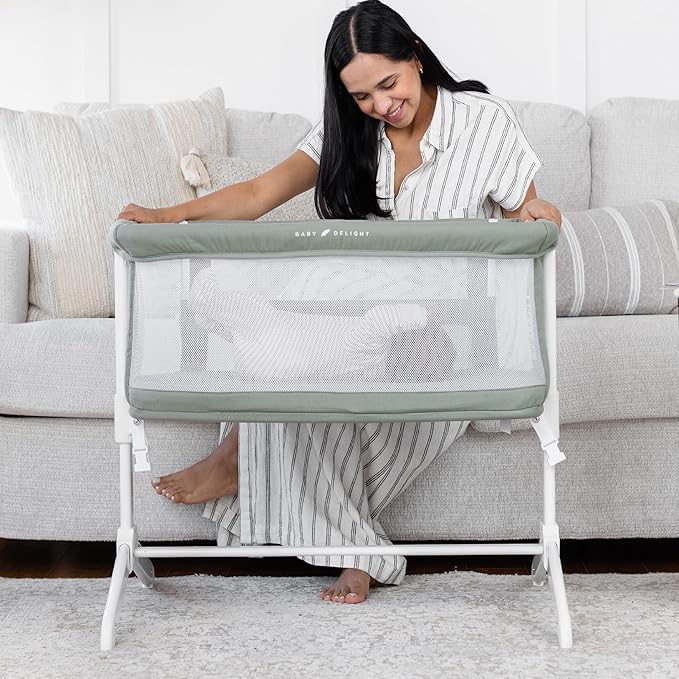 Baby Delight Beside Me Serenity Bassinet | Lightweight Bedside Sleeper & Baby Bassinet | 7-Position Height Adjustment | 100% GOTS Certified Organic Cotton Fabric | Organic Sage