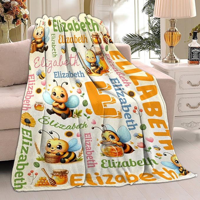 Personalized Custom Honeybee Preschool Blanket Gifts for Baby Toddler Kids Boys Girls - Customized Honeybee Super Soft Lightweight Flannel Sheets Decor for Crib Nap Couch - 40"x50" for Kids/Children
