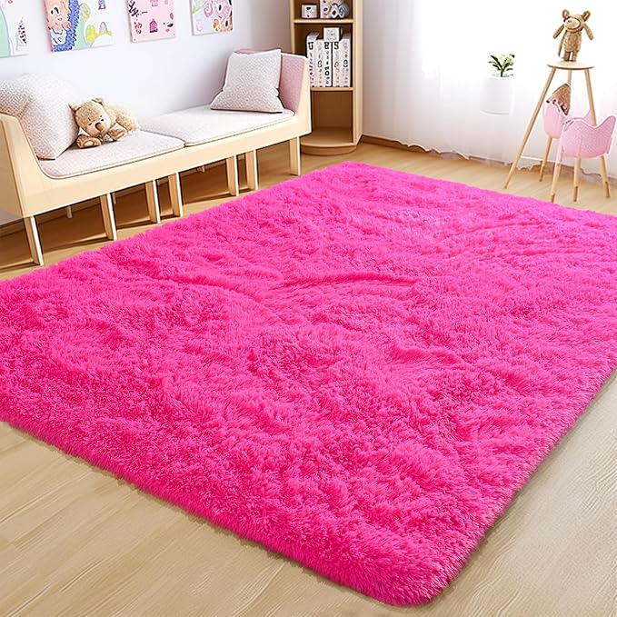 Fluffy Rug Stain Resistant 3x5 Feet, Hot Pink Cute Rugs for Bedroom Aesthetic, Modern Plush Area Rugs for Bedroom