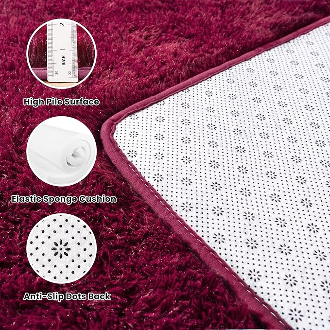 2x3 Rug - Non-Slip for Living Room - Height Pile 1.4" Plush Rug - Fluffy Throw Rugs Carpet for Bedroom - Burgundy