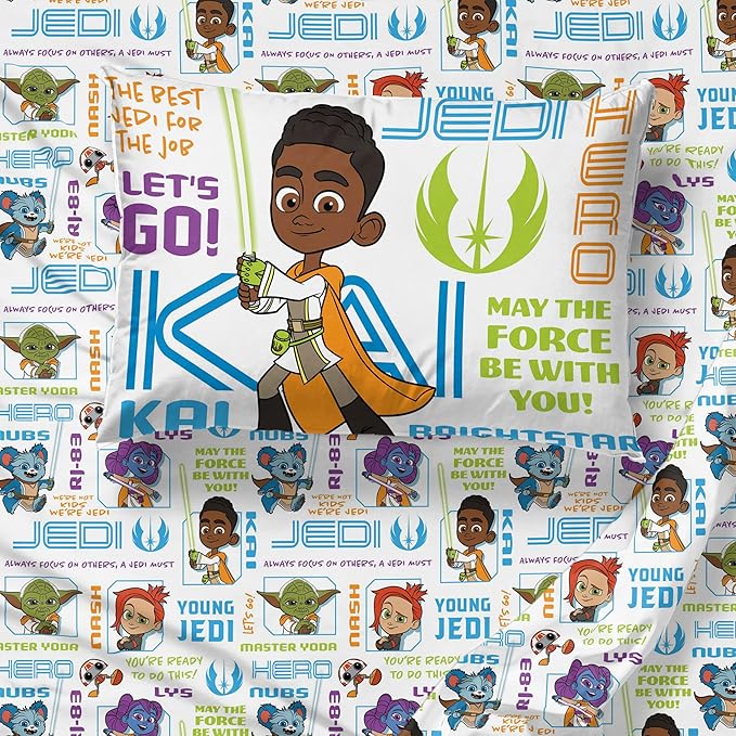 Sunny Side Up Star Wars Young Jedi Adventures Full Sheet Set - 4 Piece Kids Bedding Set Includes Pillow Cover - Super Soft Yoda Microfiber Sheets