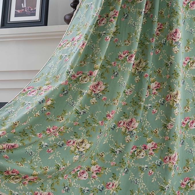 ENJOYBRIDAL Floral 63 Inch Curtains for Living Room Green Drapes Bedroom Semi Sheer Rod Pocket Short Window Curtains 2 Panel Sets Boho Farmhouse Vintage Light Filtering Window Treatments