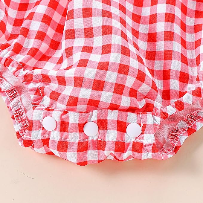 Newborn Baby Girl Romper Mamas Mini Bow Plaid Print Puff Sleeve Smocked Bubble Romper Jumpsuit Bodysuit Clothes