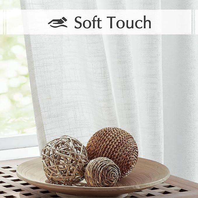 FMFUNCTEX Linen Semi Sheer Curtains for Bedroom, White Curtains 72 Inch Length for Living Room, Country Farmhouse Sheer Drapes, Light Filtering Window Curtain, Grommet Top 2 Panels