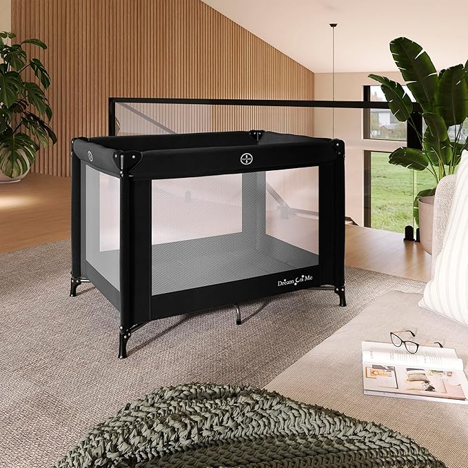Dream On Me Nest Portable Playard in Black with Carrybag an Shoulder Strap, Lightweight, Packable and Easy Setup Baby Playard, Breathable Mesh Sides and Soft Fabric - Comes with a Removable Padded Mat