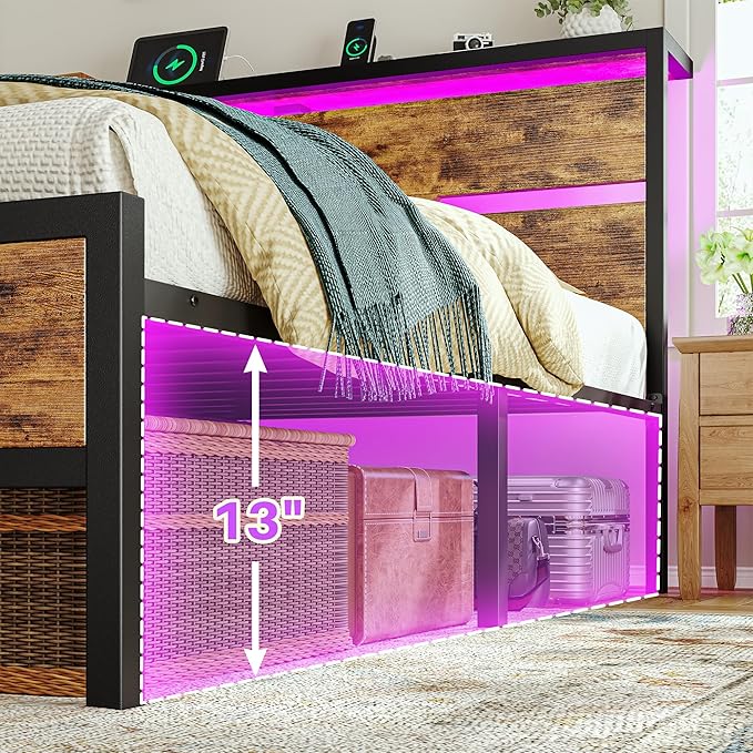 King Size Bed Frame with LED Lights & Charging Station, King Bed Frame and Headboard,13" Under Bed Storage, Noise-Free Heavy Duty Metal Support, Modern Brown