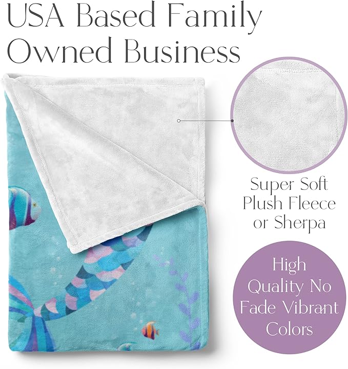 Personalized Mermaid Blanket for Girls | Kids Unicorn Gifts | Custom Plush Fuzzy Unicorns for Toddler | Customized Little Girl Throw Blankets | Baby Girl Sofa Bed Birthday (Sherpa – 50x60)