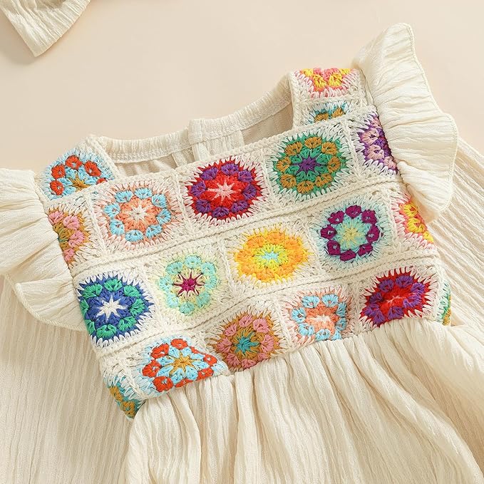 Gaono Newborn Baby Girl Smocked Bubble Romper Cute Boho Summer Clothes Ruffle Sleeveless Crochet Flower Vintage Bodysuit